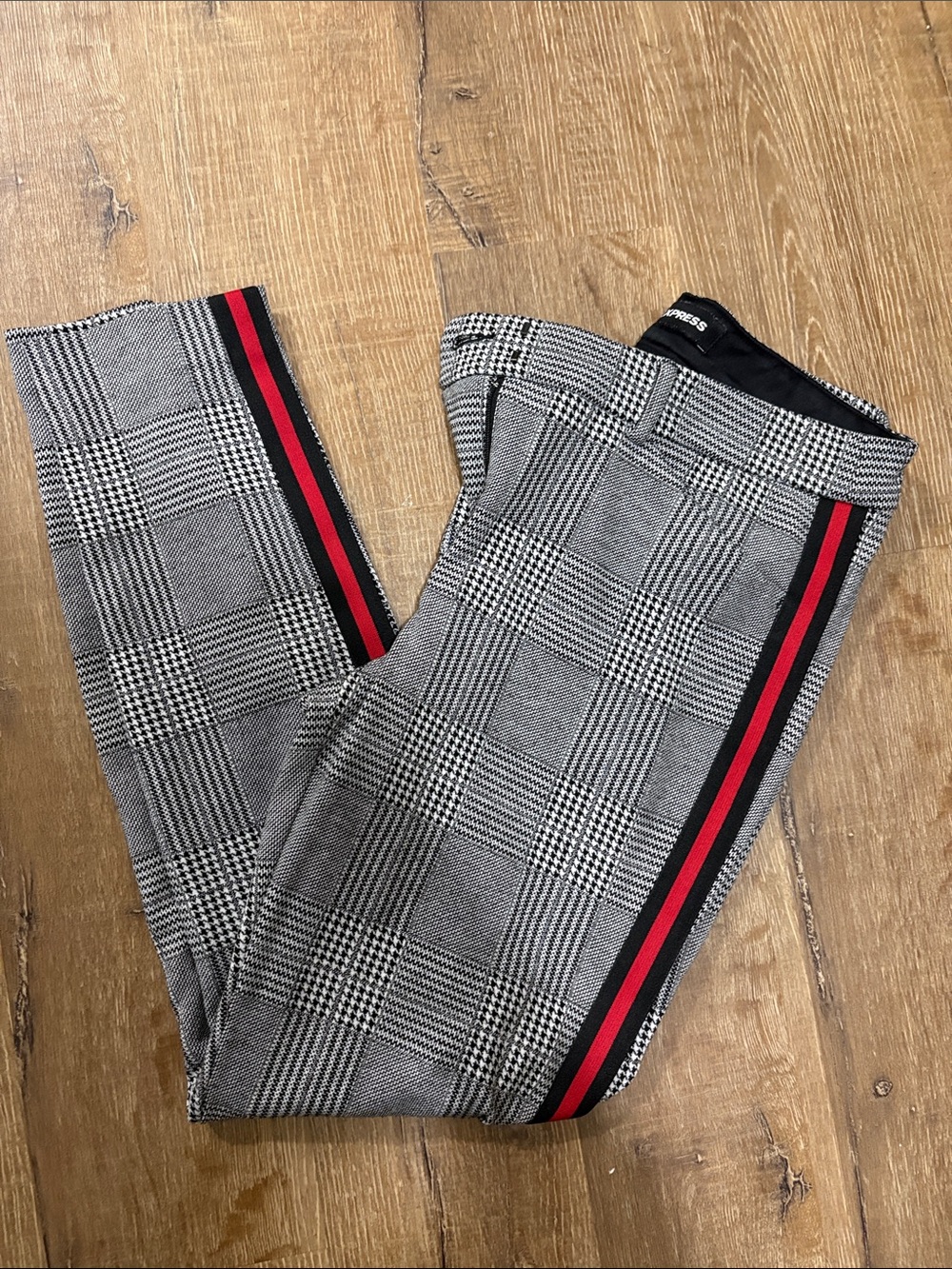Express Black and Red Plaid Skinny Pants with Side Stripe